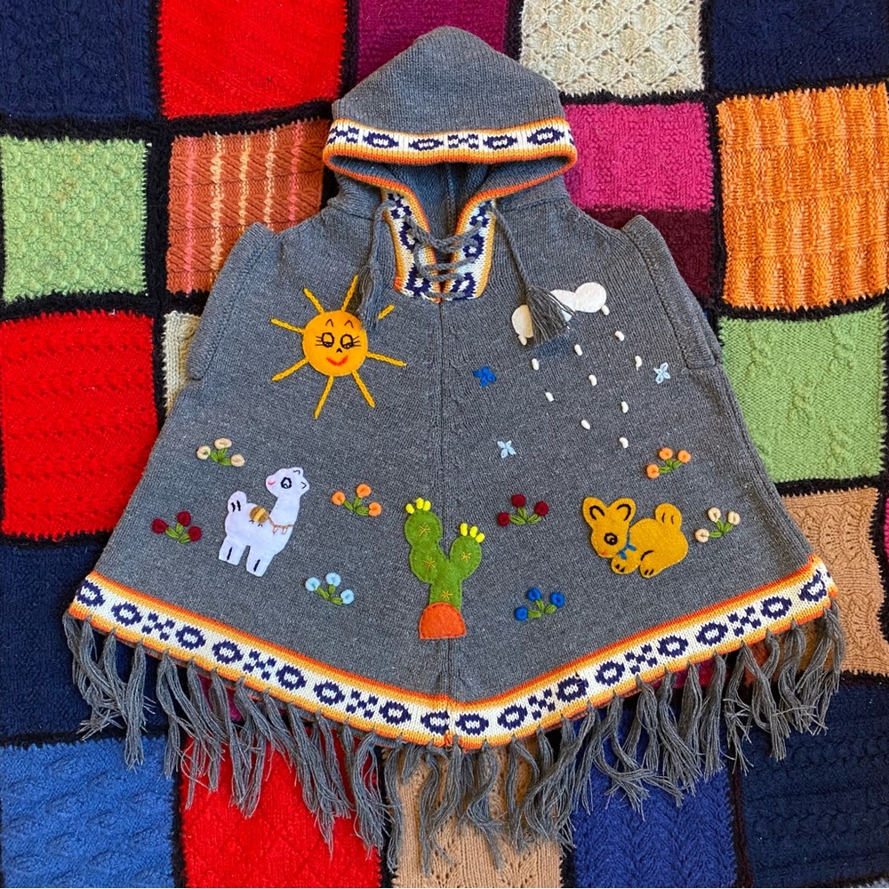 Peruvian Style Kids Hooded Poncho with Colorful Embroidery & Animals
